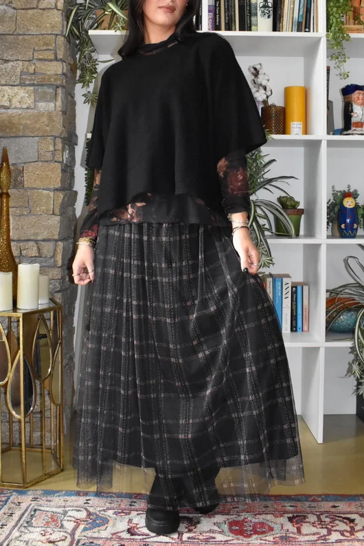 Enid Plaid Tulle Midi Skirt Black